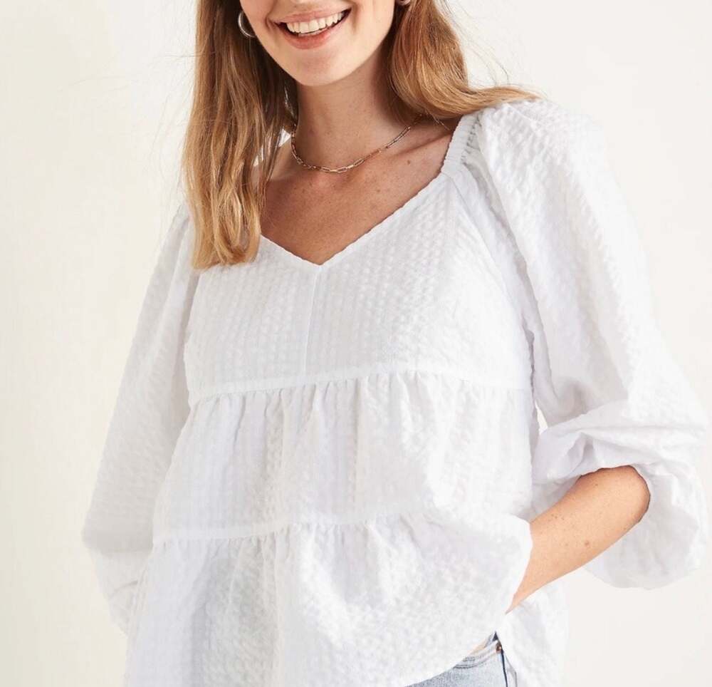 Old Navy White Tiered Puff Sleeve Seersucker Top Size 2X